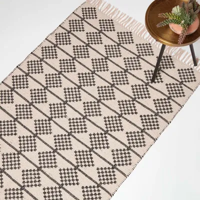 Produktbild von HOMESCAPES Webteppich Adana mit Rautenmuster 120 x 170 cm - Baumwollteppich creme-schwarz