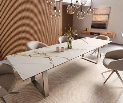 Produktbild von DELIFE Esstisch Edge 300x100 Keramik Calacatta Luxe Weiß-Gold-Grau Edelstahl Schmal