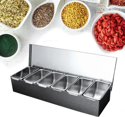 Produktbild von Zutatenbehälter aus Edelstahl mit 6 Einsätzen, Zutatenbox, Beilagenbehälter, Barbehälter