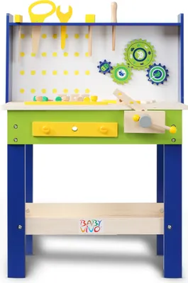 Produktbild von Baby Vivo Spielwerkbank / Werkbank für Kinder aus Holz - Luigi mit drehbaren Zahnrädern und 29 Teilen Zubehör