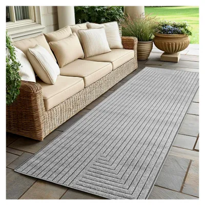 Produktbild von Wetterfester Outdoor-Teppich, Wohnzimmer, Schlafzimmer, Wintergarten, Kurzflor Grau, Hoch-Tief-Effekt, weich und waschbar, pflegeleicht, 80x250 cm