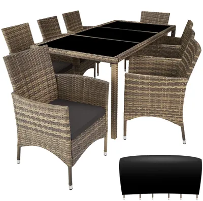 Image de Salon de jardin 8 places avec housse de protection - marron naturel/gris foncé