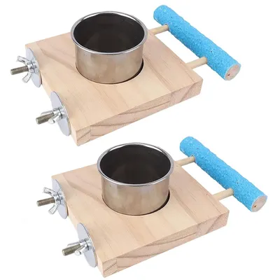 Produktbild von 2er Set Vogelkäfig-Zubehör, Edelstahlnapf & Holzsitzstange, Futter- und Wasserschale für Wellensittiche, Nymphensittiche & Papageien