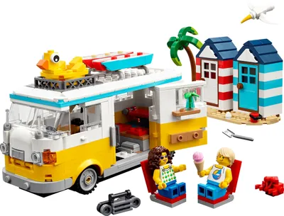 Produktbild von LEGO 31138 Creator 3in1 Strandcampingbus, Sommerhaus, Eiswagen Modellbausatz, Sommerferien Surfer Spielzeug, Geschenk für Kinder