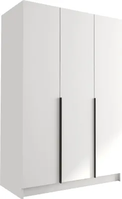 A white wardrobe with three doors and black handles.