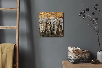 Produktbild von Coloray Hodiny Unikátní 30x30 cm  Tiché hodiny Pro obývací pokoj a kuchyň Nástěnné hodiny Plátno Bílé ručičky hodin - Zvířata sloní strom