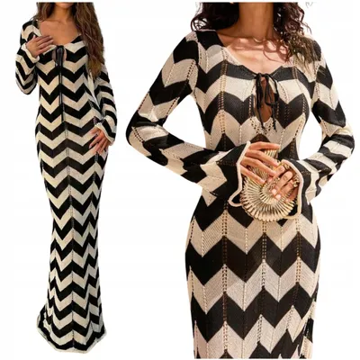 Produktbild von Maxikleid Damen Boho - Sommerkleid - Strandkleid Häkelkleid - Langarm - Schwarz Creme