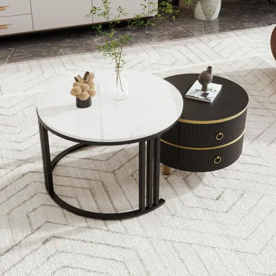 Obrázek produktu pro kulatý konferenční stolek 2 v 1 z MDF, odkládací stolek s bílou mramorovou deskou, 2 zásuvky, černá barva