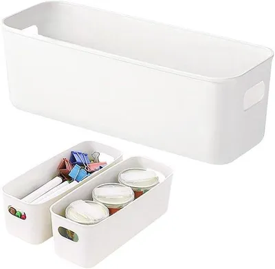Produktbild von Unyqoos® 3er-Set weiße Aufbewahrungskörbe aus hochwertigem Kunststoff, 28×11×9 cm, mit Griffen, kompakt & stapelbar – für Küche & Bad