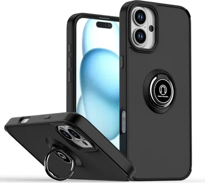 Obrázek produktu pro Pouzdro pro iPhone 16 matné průsvitné TPU pouzdro s prstencovým držákem a stojánkem Černý