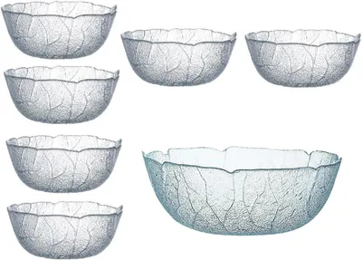 A set of glass bowls on a white background.