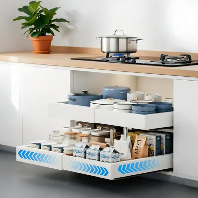 Image de Tiroir télescopique en métal, largeur réglable de 35 à 52 cm, profondeur 42 cm, pour meuble de cuisine