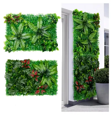 Produktbild von 2 Stück Künstliche Pflanzenwand Paneele, 60 x 40 cm - Kunstpflanze Hängend Deko Vorhang, Realistische Pflanzwand Nachbildung für Innen und Außen, Hochzeit, Küche, Garten, Party Wanddekoration
