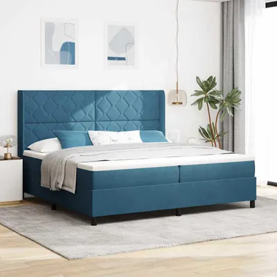 Immagine prodotto di Letto matrimoniale con boxspring e testiera imbottita, colore blu, dimensioni 200 x 200 cm, rivestito in velluto