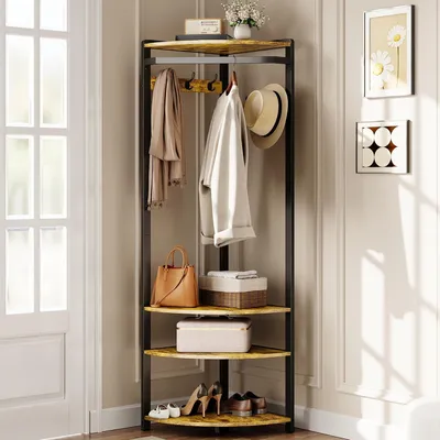 Produktbild von Eckgarderobe mit Schuhregal 3-in-1, 6 Doppelhaken, 4 Ablagen, Braun