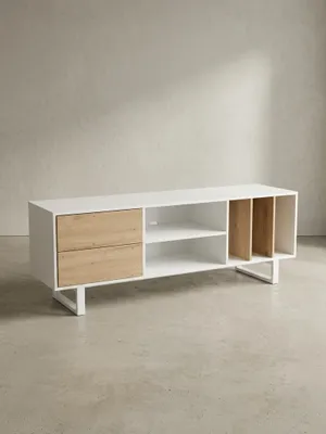 Produktbild von Lowboard Weiß mit Eiche-Nachbildung 150x55x40 cm TV-Kommode Modern, Design TV-Schrank Hoch, Fernsehtisch Fernsehschrank mit Schubladen & Regal, Fernsehkommode Wohnzimmer