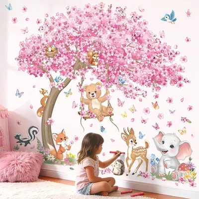 Imagen del producto de Calcomanía de pared con motivos de cerezos en flor - Gran pegatina para pared con forma de árbol - Animales del bosque - Ideal para habitaciones infantiles - Color rosa