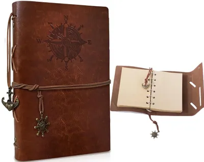Produktbild von Vintage-Notizbuch aus Leder – mit Kompassrose – 15 x 10 cm – 6-Ring-Bindung – Tagebuch – Skizzenbuch – Blankopapier – Reisetagebuch – Braun