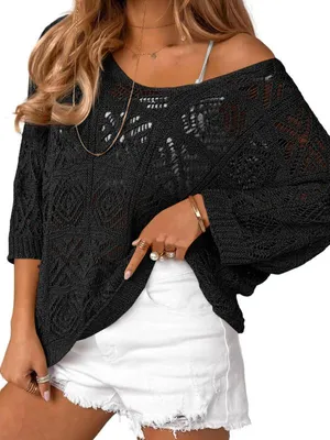 Produktbild von Imily Bela Damen Häkel-Cover-up-Top für den Sommer – Off-Shoulder-Pullover mit 3/4-Ärmeln, Mesh-Optik, Boho-Stil – Strand- und Badeanzug-Überwurf