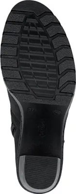 The sole of a black women's boot is shown.