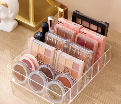 Productafbeelding van Make-up organizer met 7 vakken voor make-up palettes, oogschaduwpaletten, lippenstifthouders en blushcontainers (transparant).