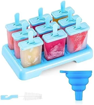 Produktbild von Eisformen 9 Eisförmchen wiederverwendbar Formen Eiscreme DIY Ideen Eis am Stiel BPA Frei - kommt mit einer Reinigungsbürste und Silikon Falttrichter(Blau)