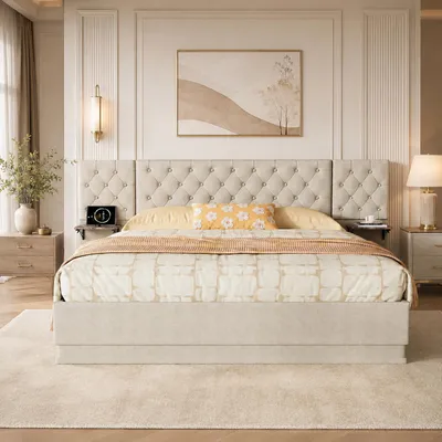 Immagine prodotto di Letto imbottito INONEFT 140x200 con LED e USB, letto singolo con sistema di sollevamento idraulico, ampia testiera e rete a doghe, adatto per ragazzi, colore beige, Immagine generata dall'IA