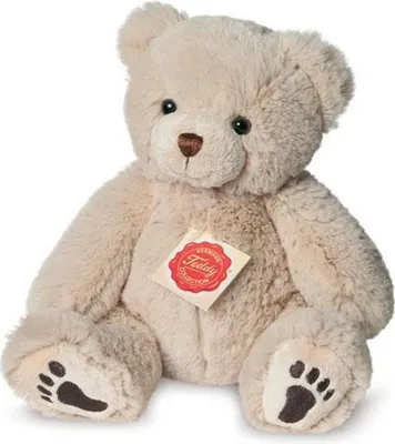 A beige teddy bear sitting on a white background.