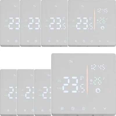A collage of digital thermostats, some showing a digital display with temperature and time.