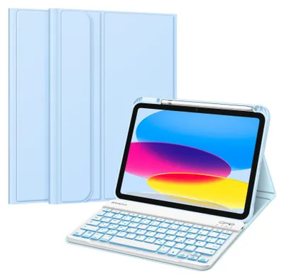 Produktbild von Fintie Hülle mit Tastatur für iPad 11 Generation 2025 11 Zoll, iPad 10 Generation 2022 10.9 Zoll, 7-farbig Beleuchteter Magnetischer Abnehmbarer Keyboard Hülle mit Stifthalter, Himmelblau