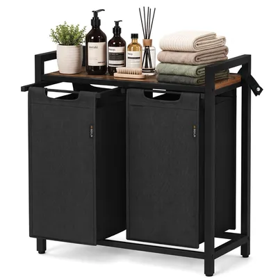 Produktbild von Roxlin Wäschekorb mit 2 Fächern – Wäschesammler mit Deckel & Ablage – Wäsche Sortierer aus Metall – Schmutzwäsche Organizer für Bad, Schlafzimmer