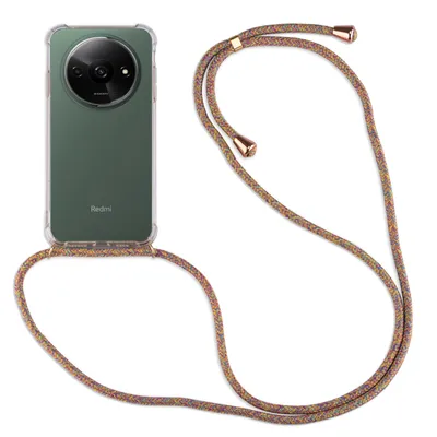 A smartphone with a clear case and a colorful lanyard is displayed against a white background.