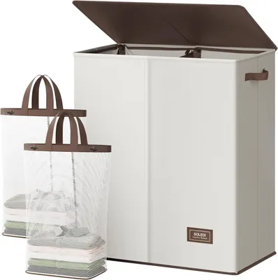 Productafbeelding van Wasmand. Wasmand met deksel en afneembare waszakken, grote inklapbare wasmand met 2 compartimenten, inklapbare mand voor de slaapkamer, 145