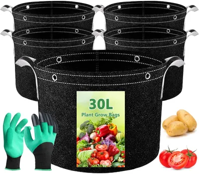 Zdjęcie produktu dla Zestaw 5 worków do roślin o pojemności 30 litrów – wykonane z trwałego, nietkanego materiału z uchwytami – kolor czarny