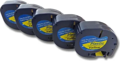 Produktbild von vhbw 5x Schriftband-Kassette kompatibel mit Dymo LetraTag Plus LT-100T, XM, 2000, LT-100H Etiketten-Drucker 4m x 12mm Schwarz auf Gelb