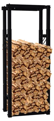 Immagine prodotto di Peviasot, scaffale regolabile per legna da camino, dimensioni 40–65 × 25 × 100–150 cm, in ferro, colore nero, con 4 ganci per accessori da camino