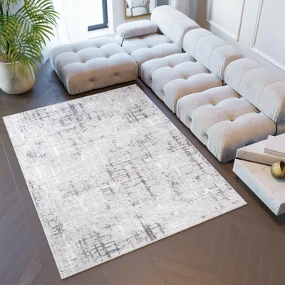 A modern living room with a sectional sofa and a rug.