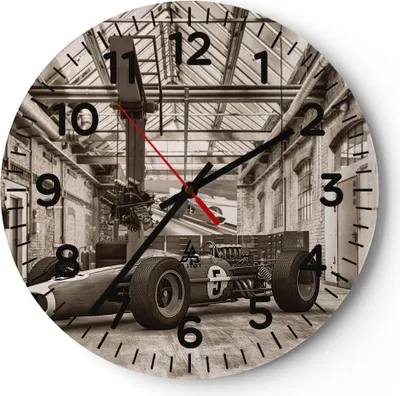 Produktbild von Wanduhr - Rund - Glasuhr - Formel 1 Rennen Retro - 30x30cm - Schleichendes Uhrwerk - Lautlos - zum Aufhängen bereit - Dekoration Modern - Wanddekoration aus Glas - C4AR30x30-4918