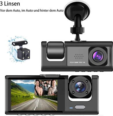 Produktbild von AIORBER 2 Zoll Auto Dashcam mit drei Kameras für die vollständige Überwachung von 1080p HD Fahrzeugen mit Nachtsichtfunktion, Schwarz