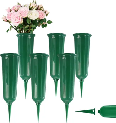 Imagen del producto de Jarrón de plástico con estaca para clavarse en la tierra, juego de 6 unidades, color verde, para arreglos florales en tumbas