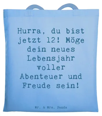 Produktbild von Mr. & Mrs. Panda Tote Bag Spruch 12. Geburtstag - Sky Blue - Geschenk, Hurra, besonderer Tag, Laptoptasche, handgefertigte Geschenke, Schultasche, Tasche, Glückwunsch