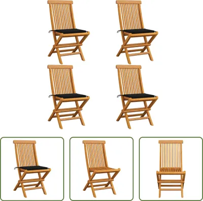Produktbild von The Living Store Gartenstühle mit Schwarzen Kissen 4 Stk. Teak Massivholz