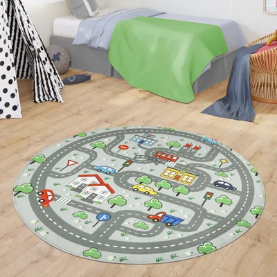 Produktbild von TT Home Teppich Kinderzimmer Spielteppich Babymatte Jungs Straßenteppich Auto Stadt Motiv Größe 150 cm Rund
