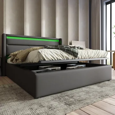 A modern bed frame with storage and LED lighting.
