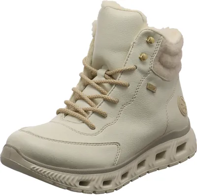 A single cream-colored winter boot with beige laces and a fluffy lining.