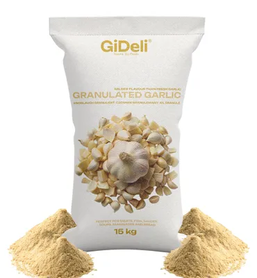 Obrázek produktu pro Česnekový granulát 15 kg. Vhodné pro maso, zeleninu, ryby. Aroma, grilování, přírodní produkt. GiDeli