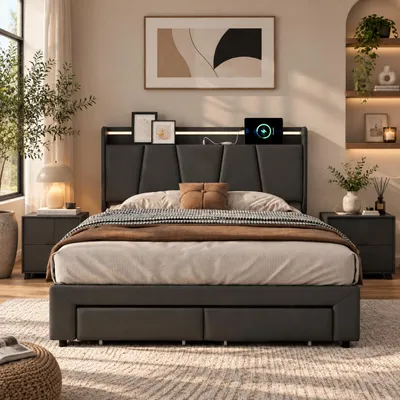 Immagine prodotto di Letto imbottito idraulico INONEFT, 140x200 cm, con LED e USB, 2 cassetti, letto per ragazzi con testiera imbottita e spazio contenitivo, tessuto: lino, colore: grigio scuro, Immagine generata dall'IA