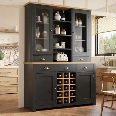 Produktbild von Moderner Hochschrank mit Sicherheitsfunktion, Schrank mit Glastür und Metallgriffen, leises Schließen, herausnehmbares Weinregal,  Schwarz