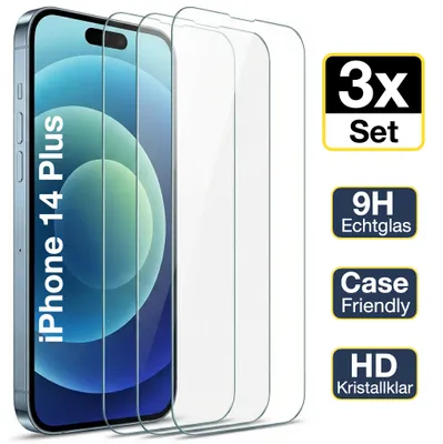 Produktbild von 3x iPhone 14 Plus Panzerglas Panzerfolie Displayschutz Schutzglas Echt Glas Schutzfolie Display Folie 9H