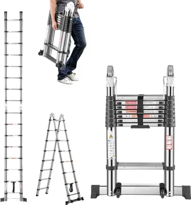 Produktbild von Teleskopleiter Edelstahl Klappleiter - Stehleiter A-Rahmen - 4985mm Länge - Faltbare Leiter aus hochwertigem Stahl
